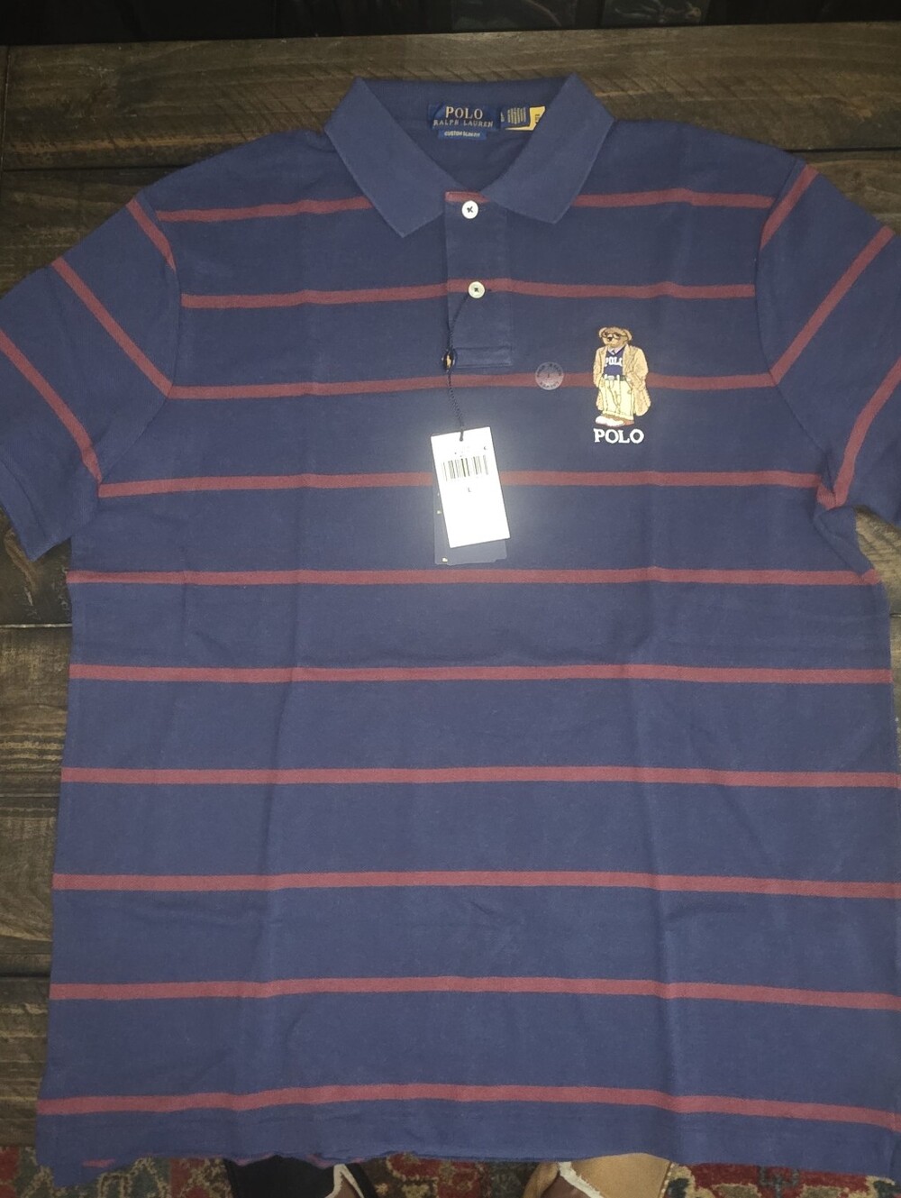 Polo by Ralph Lauren Navy Polo Shirt with Red Stripes and Bear Patch
